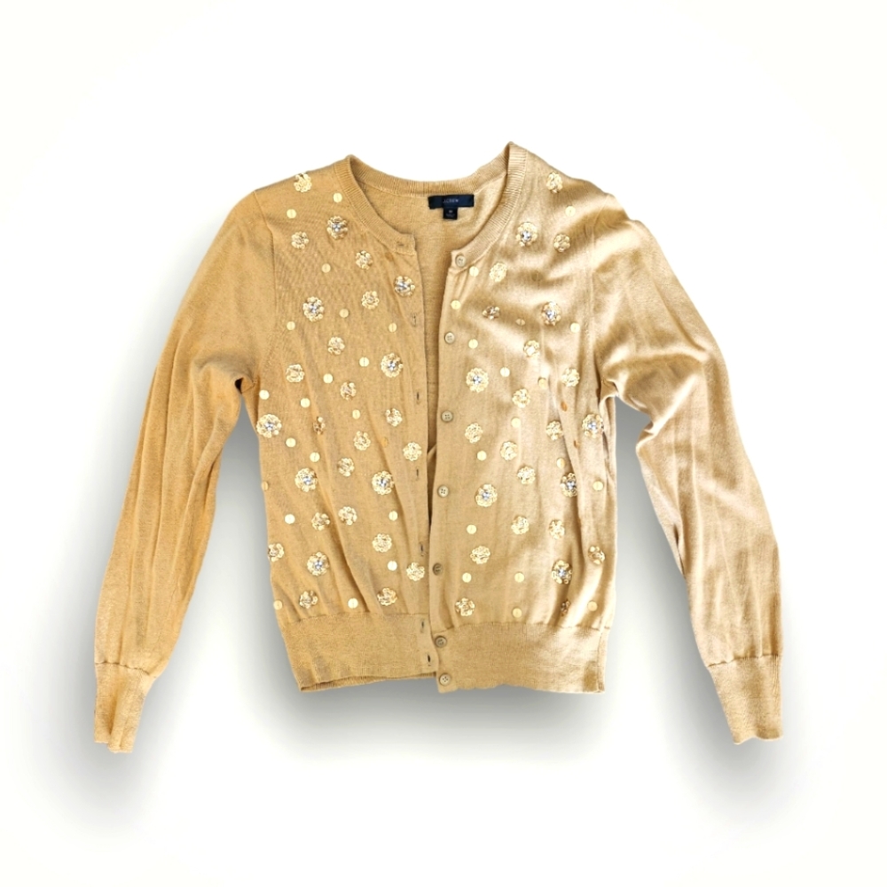 EUC J Crew golden sand sequin and rhinestone embellished cardigan Medium